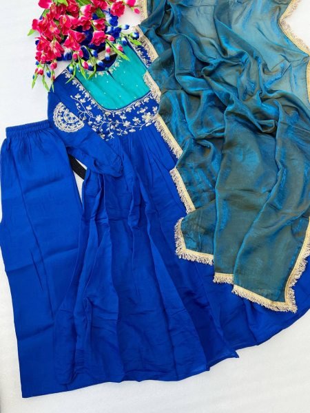Sophisticated Blue Designer Mull Chanderi Anarkali Suit with Embroidery Work at Wholesale Rate Ready To Wear Collection