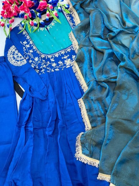 Sophisticated Blue Designer Mull Chanderi Anarkali Suit with Embroidery Work at Wholesale Rate Ready To Wear Collection