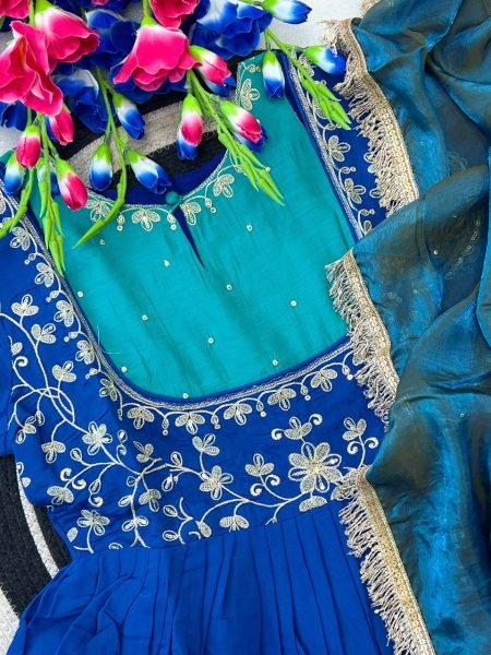 Sophisticated Blue Designer Mull Chanderi Anarkali Suit with Embroidery Work at Wholesale Rate Ready To Wear Collection