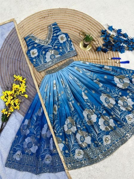 Sophisticated Blue Designer Soft Chinon Silk Digital Print Lehenga Choli with Dupatta Kurtis