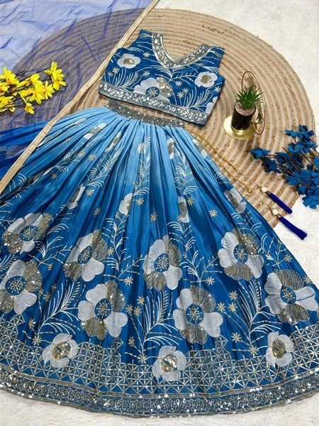 Sophisticated Blue Designer Soft Chinon Silk Digital Print Lehenga Choli with Dupatta Girls Wear