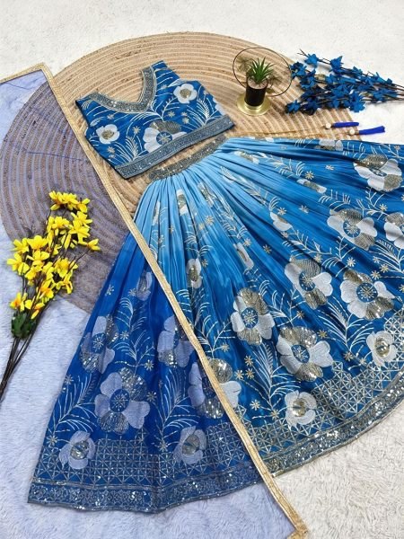 Sophisticated Blue Designer Soft Chinon Silk Digital Print Lehenga Choli with Dupatta Girls Wear