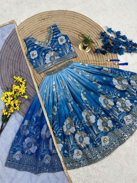 Sophisticated Blue Designer Soft Chinon Silk Digital Print Lehenga Choli with Dupatta Girls Wear