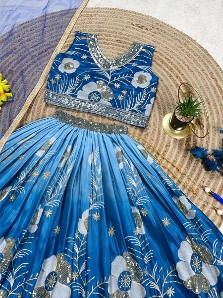 Sophisticated Blue Designer Soft Chinon Silk Digital Print Lehenga Choli with Dupatta Girls Wear
