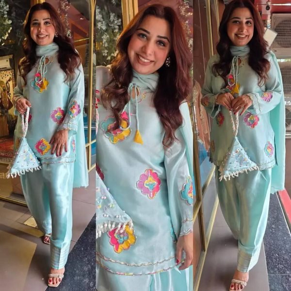 Sophisticated Blue Farsi Suit with 36 Inch Crape Silk Embroidered Top for Festival Ready To Wear Collection
