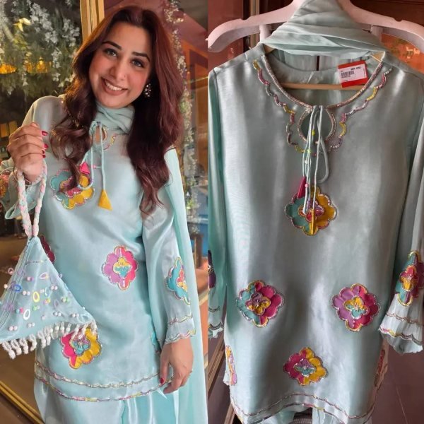 Sophisticated Blue Farsi Suit with 36 Inch Crape Silk Embroidered Top for Festival Ready To Wear Collection