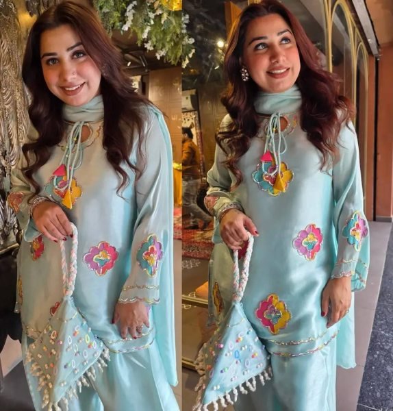 Sophisticated Blue Farsi Suit with 36 Inch Crape Silk Embroidered Top for Festival Ready To Wear Collection