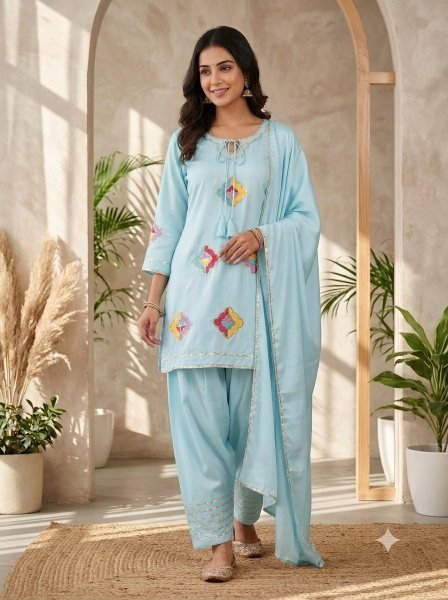 Sophisticated Blue Farsi Suit with 36 Inch Crape Silk Embroidered Top for Festival Ready To Wear Collection