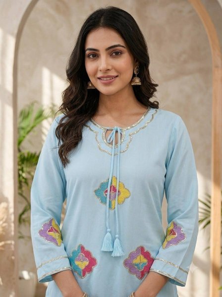 Sophisticated Blue Farsi Suit with 36 Inch Crape Silk Embroidered Top for Festival Ready To Wear Collection