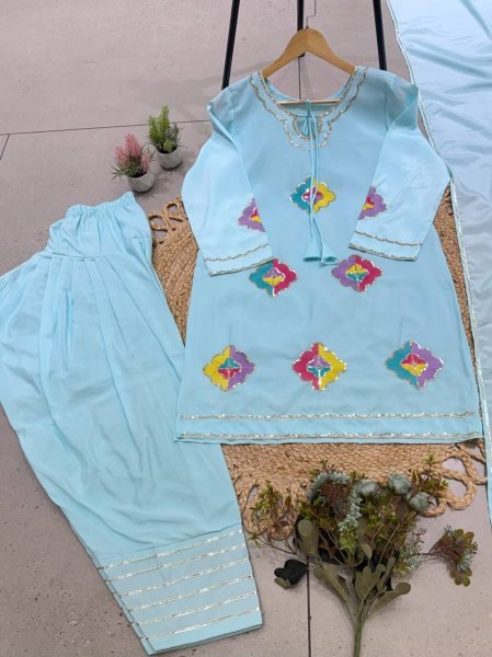 Sophisticated Blue Farsi Suit with 36 Inch Crape Silk Embroidered Top for Festival Ready To Wear Collection