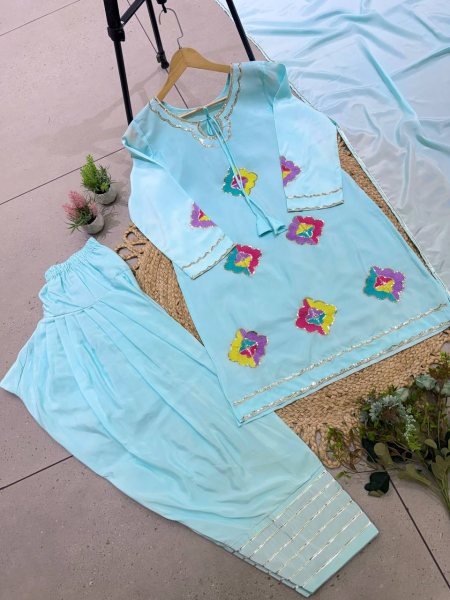 Sophisticated Blue Farsi Suit with 36 Inch Crape Silk Embroidered Top for Festival Ready To Wear Collection