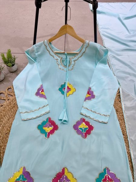 Sophisticated Blue Farsi Suit with 36 Inch Crape Silk Embroidered Top for Festival Ready To Wear Collection