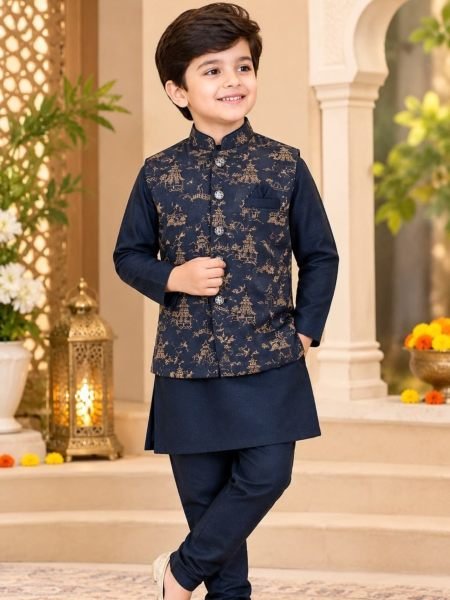 Sophisticated Blue Premium Kids Jacquard Koti Kurta Pyjama Ethnic Wear 