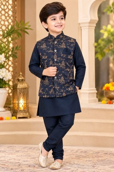 Sophisticated Blue Premium Kids Jacquard Koti Kurta Pyjama Ethnic Wear Boys Wear