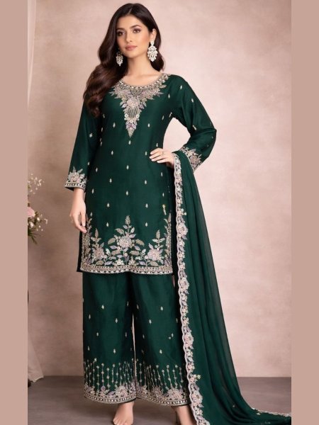 Sophisticated Bottle Green Beads and Sequins Embroidered Palazzo Suit for Festive Wear 
