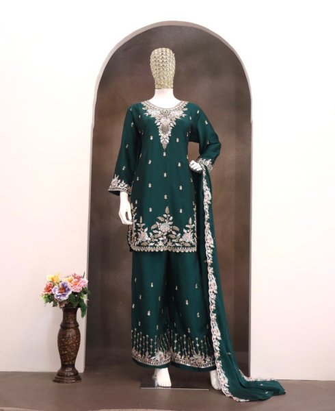 Sophisticated Bottle Green Beads and Sequins Embroidered Palazzo Suit for Festive Wear Designer Plazzo Salwar Suits Wholesale