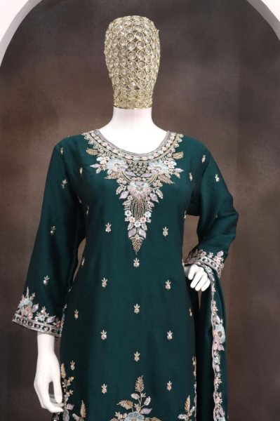 Sophisticated Bottle Green Beads and Sequins Embroidered Palazzo Suit for Festive Wear Designer Plazzo Salwar Suits Wholesale