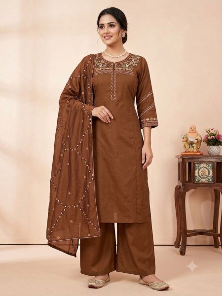 Sophisticated Brown Kurti Palazzo Set With Elegant Floral Wine For Party Wear Kurtis