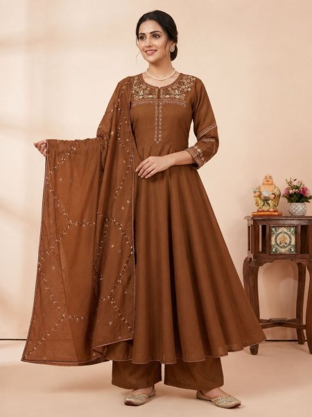 Sophisticated Brown Kurti Palazzo Set With Elegant Floral Wine For Party Wear Kurtis
