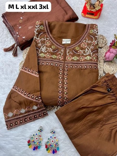 Sophisticated Brown Kurti Palazzo Set With Elegant Floral Wine For Party Wear Embroidery Kurtis 