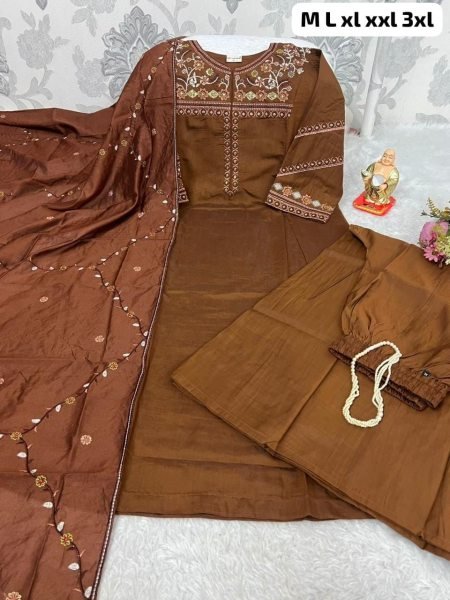 Sophisticated Brown Kurti Palazzo Set With Elegant Floral Wine For Party Wear Embroidery Kurtis 