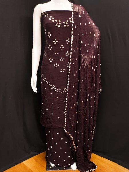 Sophisticated Brown Rayon Hand Bandhej Suit Material with Bottom and Dupatta At Factory Price Dress Material 