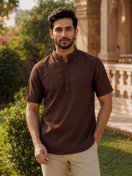 Sophisticated Coffee Khadi Linen Short Kurta for Men Perfect for Festivals and Celebrations 