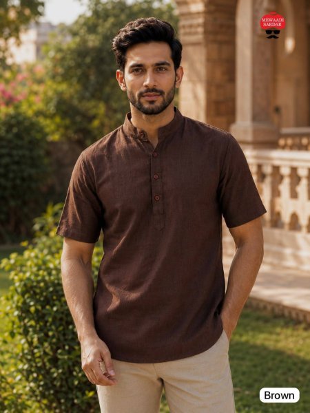 Sophisticated Coffee Khadi Linen Short Kurta for Men Perfect for Festivals and Celebrations Mens Shirt