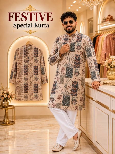 Sophisticated Cream Premium Ready-to-Wear Cotton Kurta Pyjama Set for Men Kurta Pajama Wholesale