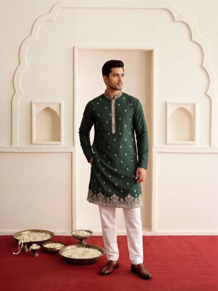 Sophisticated Dark Green Men s Festive Kurta Salwar Set with Premium Woven Fabric Mens Wear
