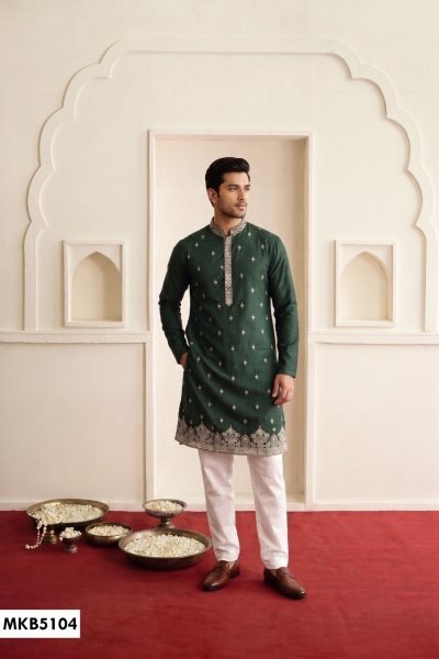 Sophisticated Dark Green Men s Festive Kurta Salwar Set with Premium Woven Fabric Kurta Pajama Wholesale