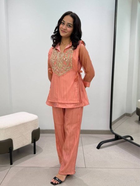 Sophisticated Dusty Pink  3 Piece With Embroidered On Shruge At Paris Rate  Kurtis