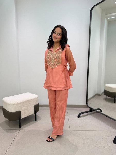 Sophisticated Dusty Pink  3 Piece With Embroidered On Shruge At Paris Rate  CO ORD Sets