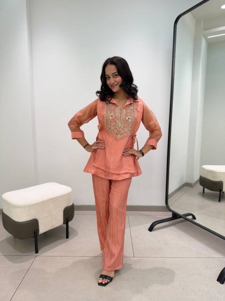Sophisticated Dusty Pink  3 Piece With Embroidered On Shruge At Paris Rate  CO ORD Sets
