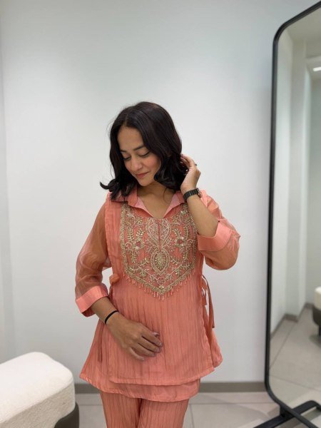 Sophisticated Dusty Pink  3 Piece With Embroidered On Shruge At Paris Rate  CO ORD Sets