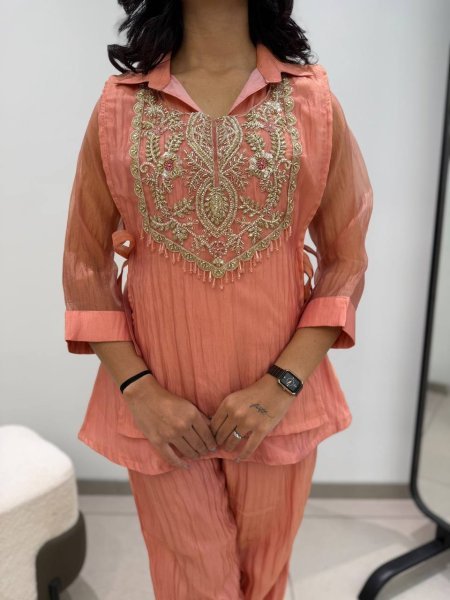 Sophisticated Dusty Pink  3 Piece With Embroidered On Shruge At Paris Rate  CO ORD Sets