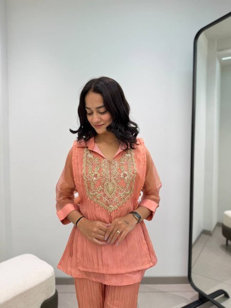 Sophisticated Dusty Pink  3 Piece With Embroidered On Shruge At Paris Rate  CO ORD Sets