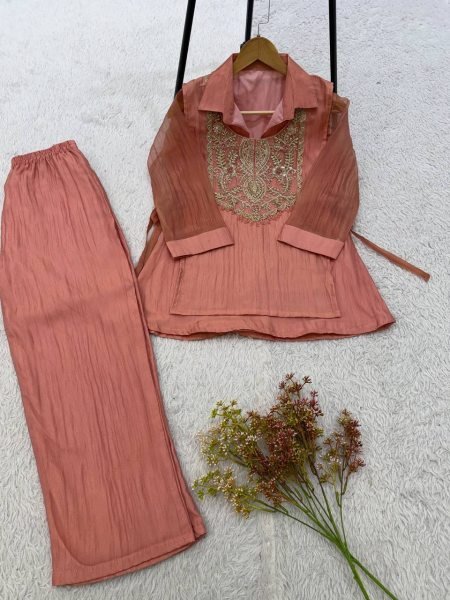 Sophisticated Dusty Pink  3 Piece With Embroidered On Shruge At Paris Rate  CO ORD Sets