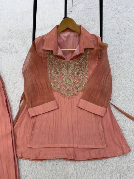Sophisticated Dusty Pink  3 Piece With Embroidered On Shruge At Paris Rate  CO ORD Sets