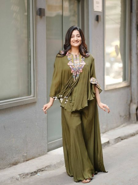 Sophisticated Green Designer Air Tex Chinon Top Plazzo Set with Embroidered Work Ready To Wear Suit
