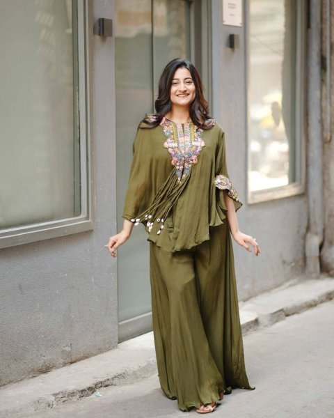 Sophisticated Green Designer Air Tex Chinon Top Plazzo Set with Embroidered Work Ready To Wear Collection