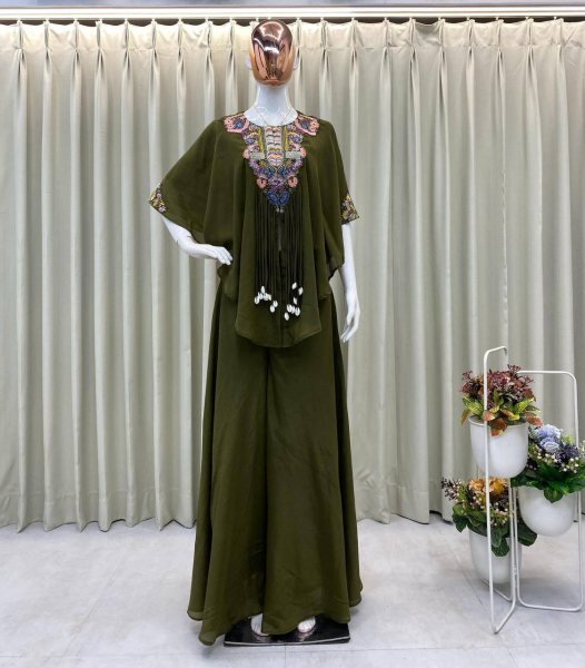 Sophisticated Green Designer Air Tex Chinon Top Plazzo Set with Embroidered Work Ready To Wear Collection