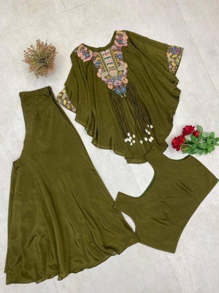 Sophisticated Green Designer Air Tex Chinon Top Plazzo Set with Embroidered Work Ready To Wear Collection