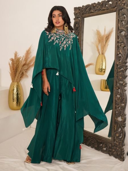 Sophisticated Green Designer Indo Western Viscose Crepe Blouse with Handwork at Wholesale Rate Salwar Kameez