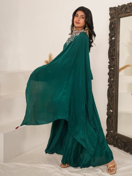 Sophisticated Green Designer Indo Western Viscose Crepe Blouse with Handwork at Wholesale Rate Designer Plazzo Salwar Suits Wholesale