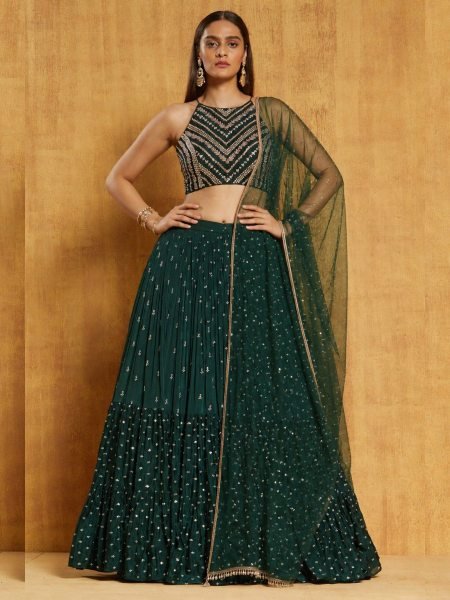 Sophisticated Green Embroidered Georgette Lehenga with Lace Border Dupatta for Festive Wear  Lehenga