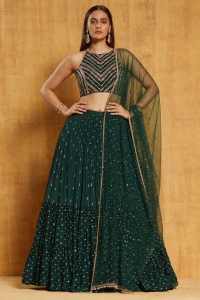 Sophisticated Green Embroidered Georgette Lehenga with Lace Border Dupatta for Festive Wear Designer Lehenga Choli