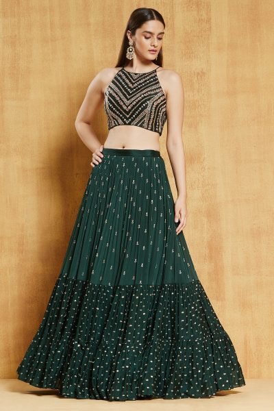 Sophisticated Green Embroidered Georgette Lehenga with Lace Border Dupatta for Festive Wear Designer Lehenga Choli