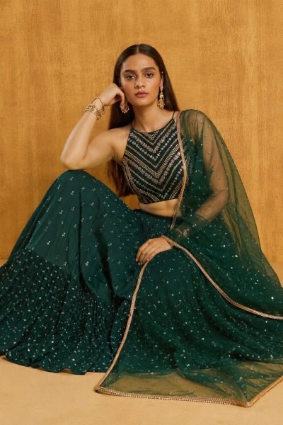 Sophisticated Green Embroidered Georgette Lehenga with Lace Border Dupatta for Festive Wear Designer Lehenga Choli