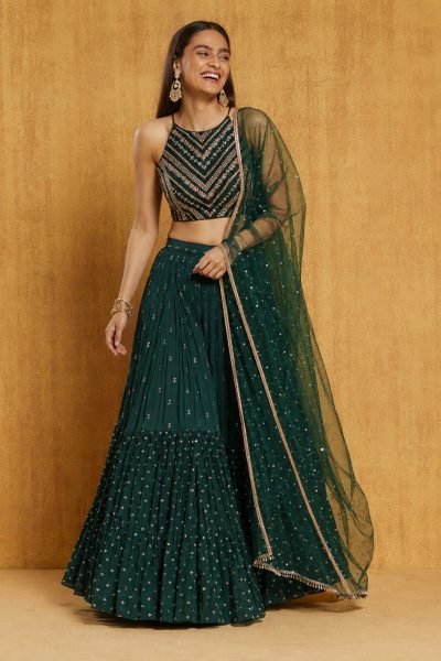 Sophisticated Green Embroidered Georgette Lehenga with Lace Border Dupatta for Festive Wear Designer Lehenga Choli